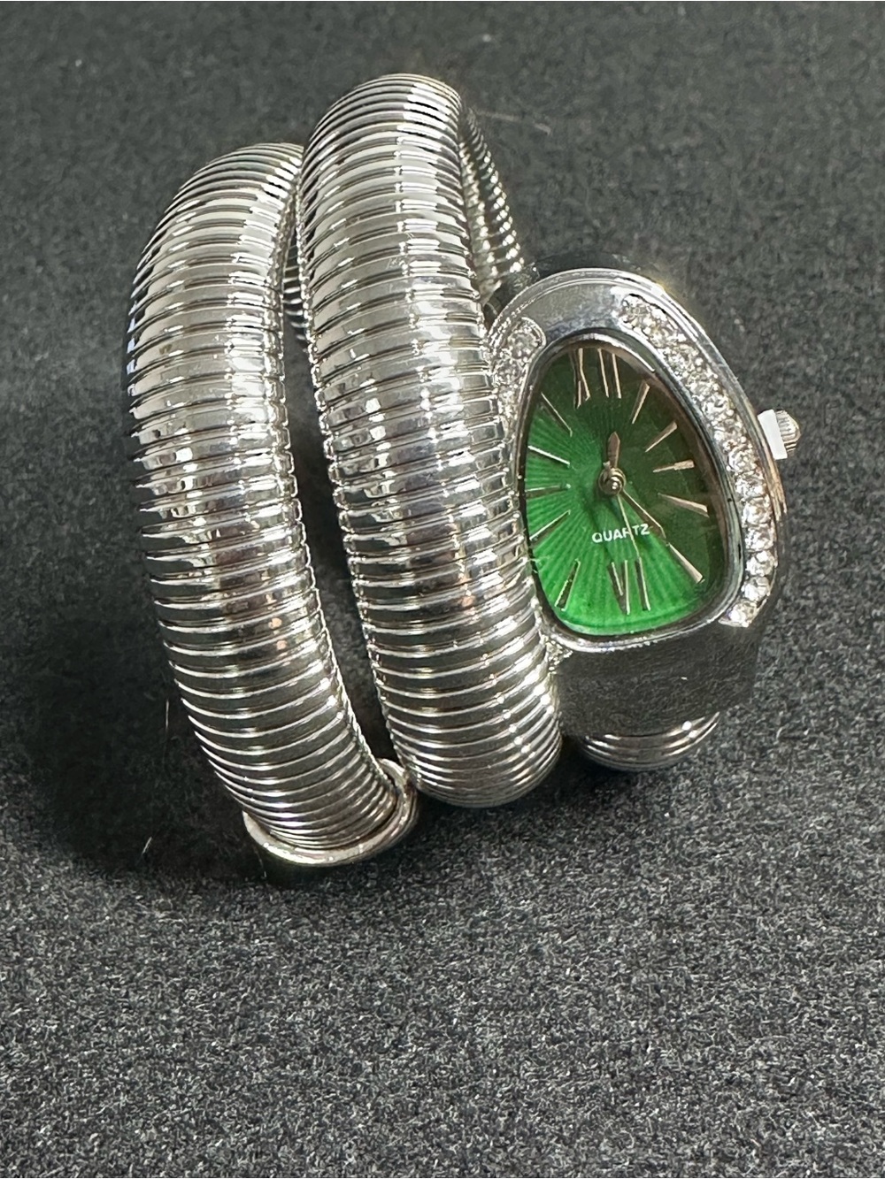 Luxurious Silver Serpentine Bracelet Watch Crystal Green Elegant Dial NWOT